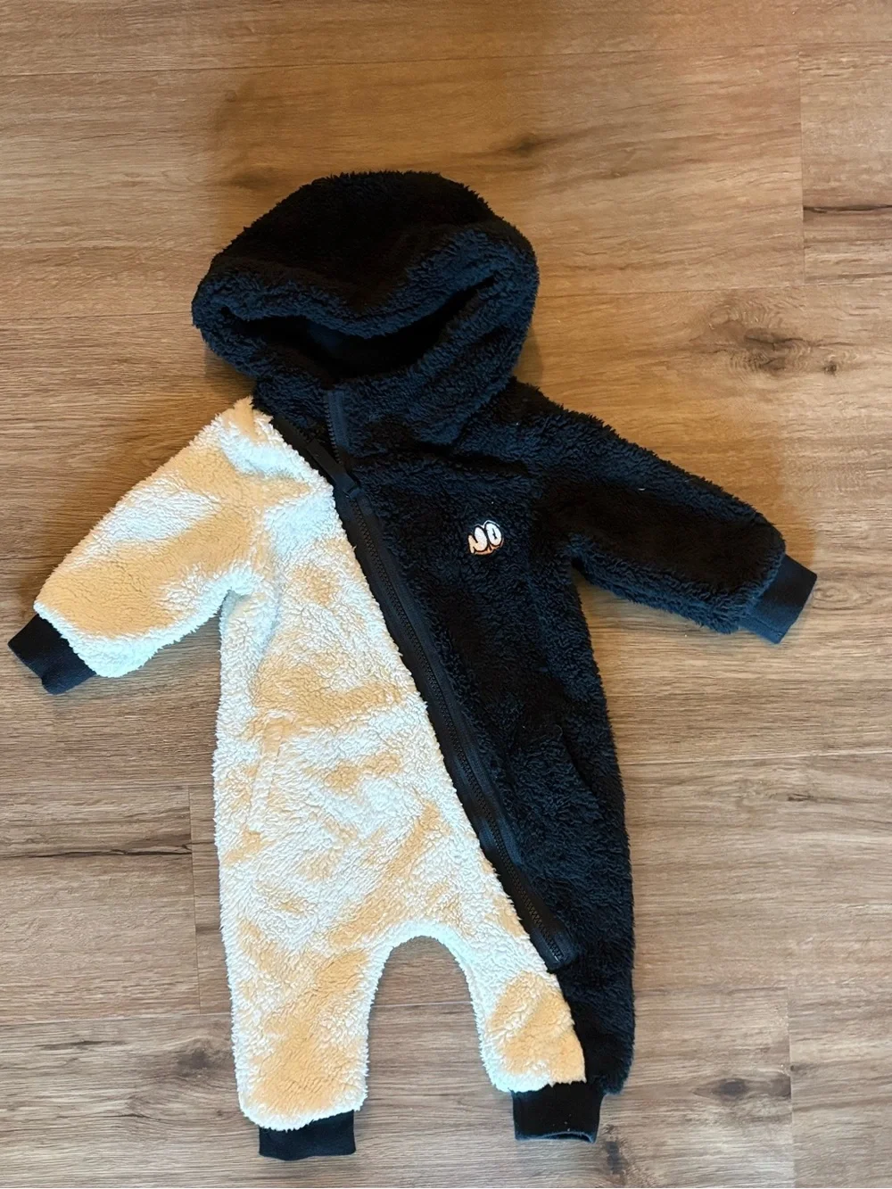 Nununu Plush Two-Tone Baby One-Piece Romper - Black & Cream Hooded Jumpsuit